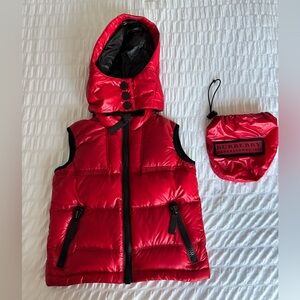 Burberry Kids Red and Black Puffer Vest w/ Detachable Hood and Pack